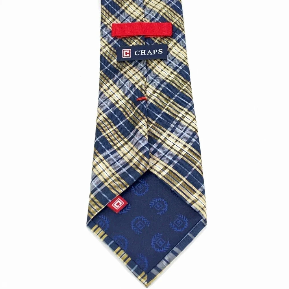 CHAPS Tie Navy & Light Blue Yellow Plaid Striped 100% Silk Hand Made Necktie 58